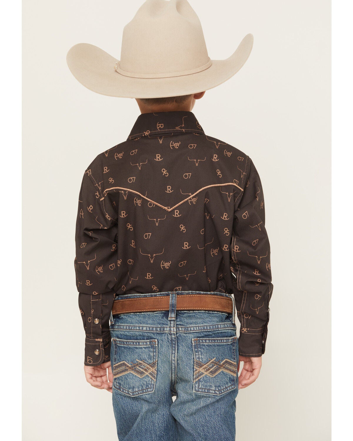 Image #4 - Cowboy Hardware Boys' Branding Iron Long Sleeve Snap Stretch Western Shirt, Brown, hi-res