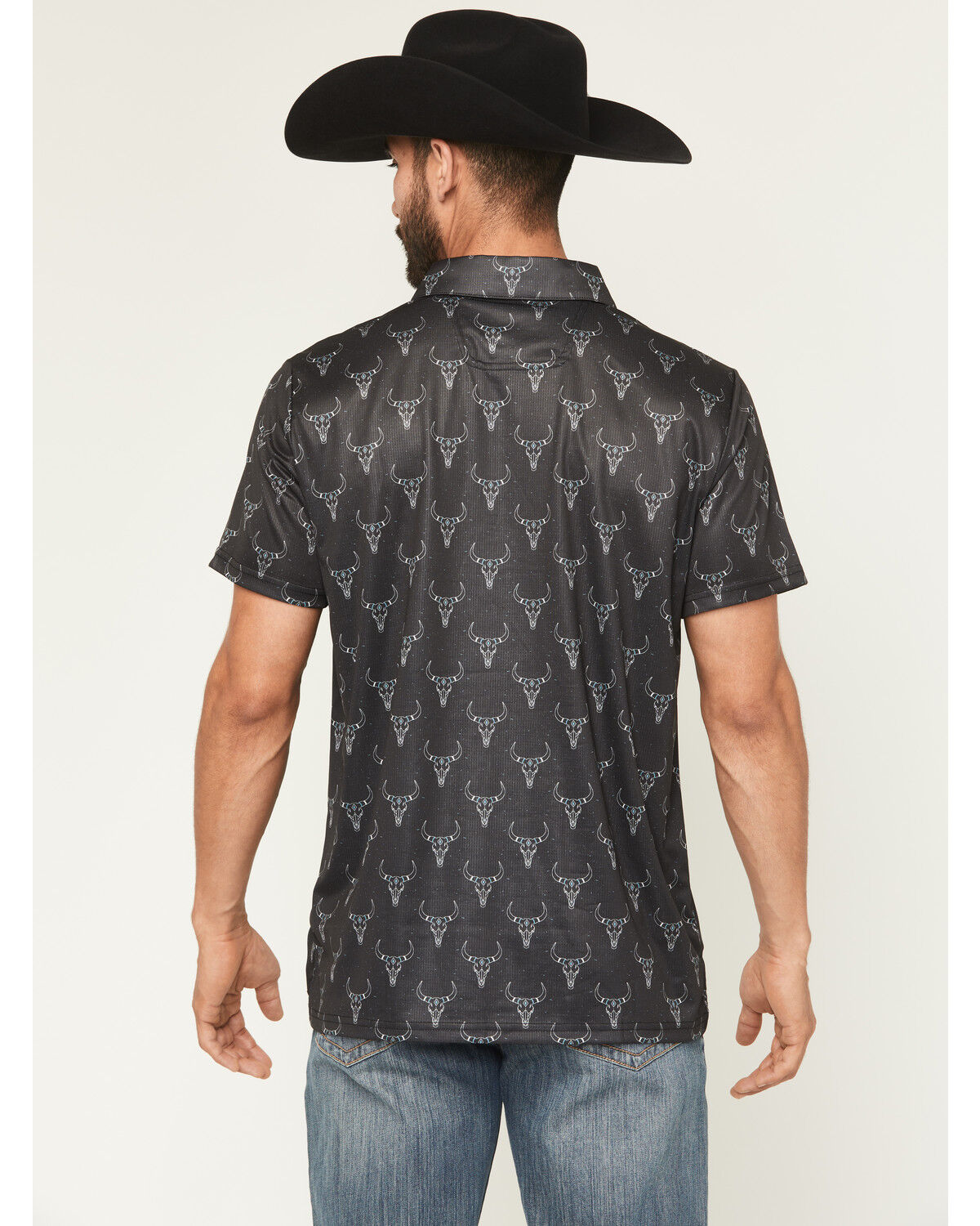 Image #4 - Rock & Roll Denim Men's Longhorn Print Short Sleeve Button-Down Stretch Polo, Black, hi-res