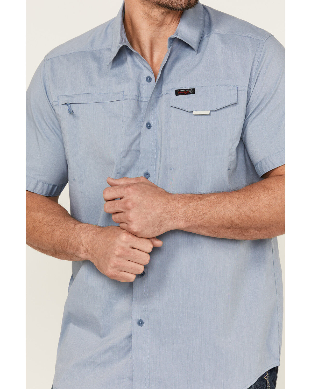 Image #3 - ATG by Wrangler Men's Solid Short Sleeve Button-Down Performance Western Shirt, Light Blue, hi-res