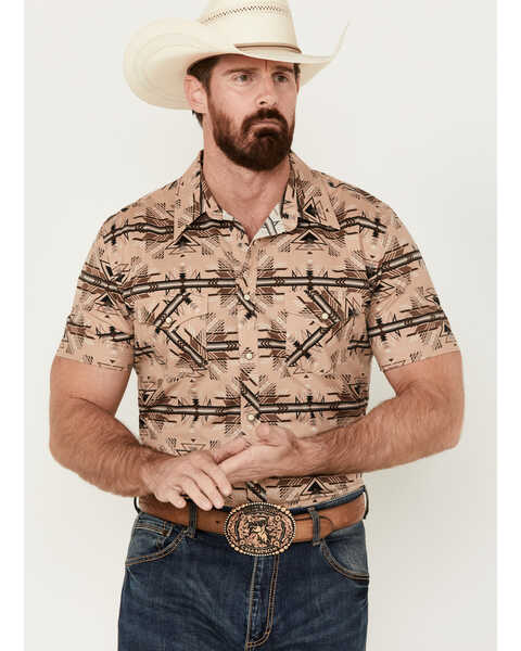 Rock & Roll Denim Men's Southwestern Print Short Sleeve Pearl Snap Stretch Western Shirt , Tan, hi-res