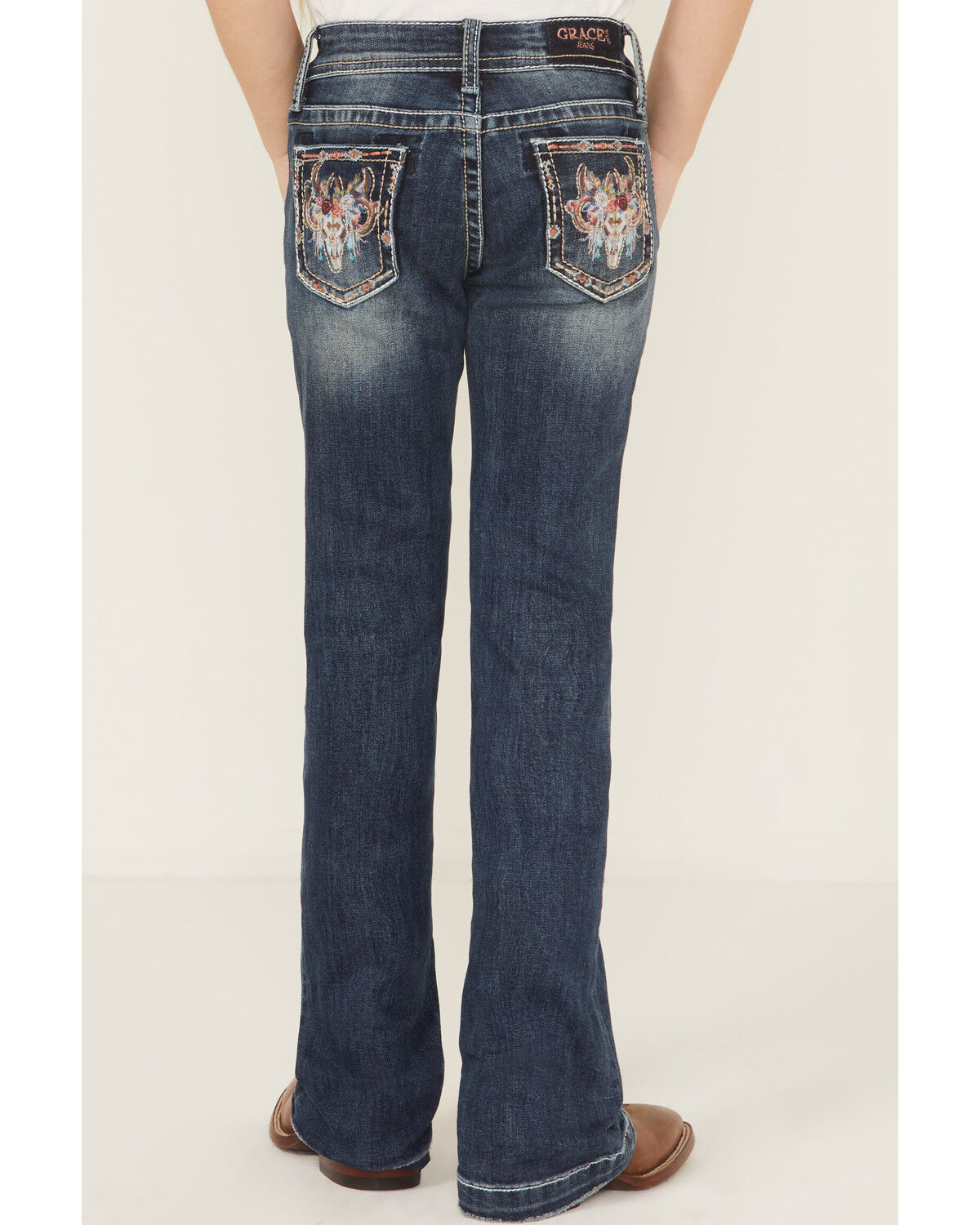 Image #2 - Grace In LA Girls' Floral Steerhead Embroidered Dark Wash Bootcut Stretch Denim Jeans, Medium Wash, hi-res