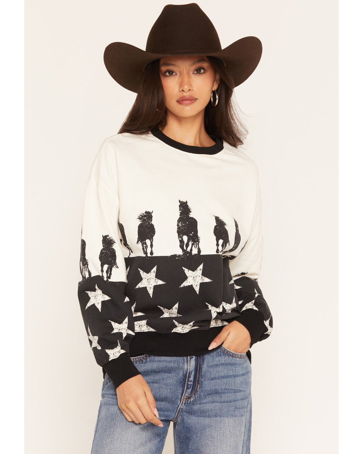Rock & Roll Denim Women's Horse and Stars Crew Neck Sweatshirt, Ivory, hi-res