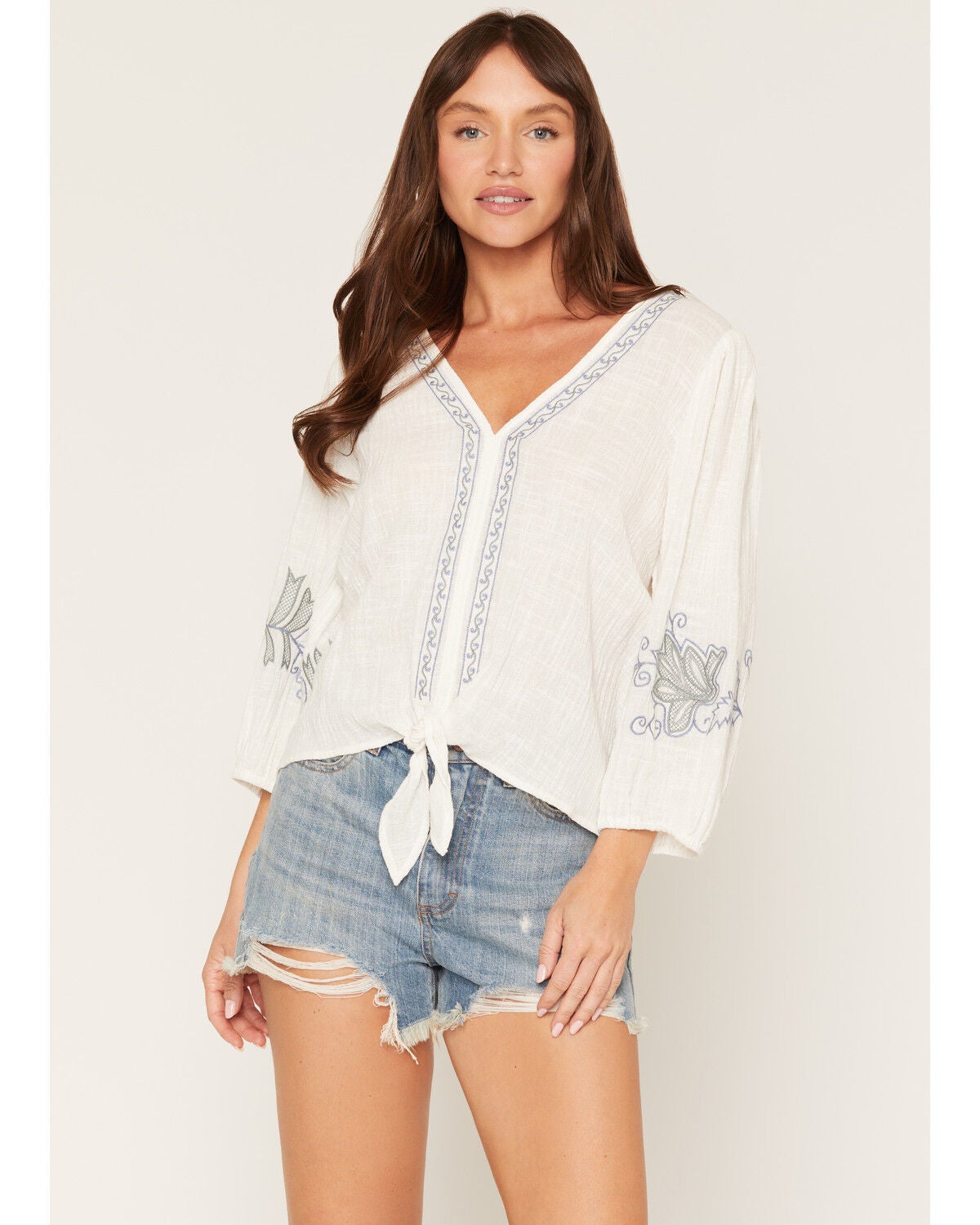 Lovestitch Women's Embroidered Long Sleeve Shirt, White, hi-res