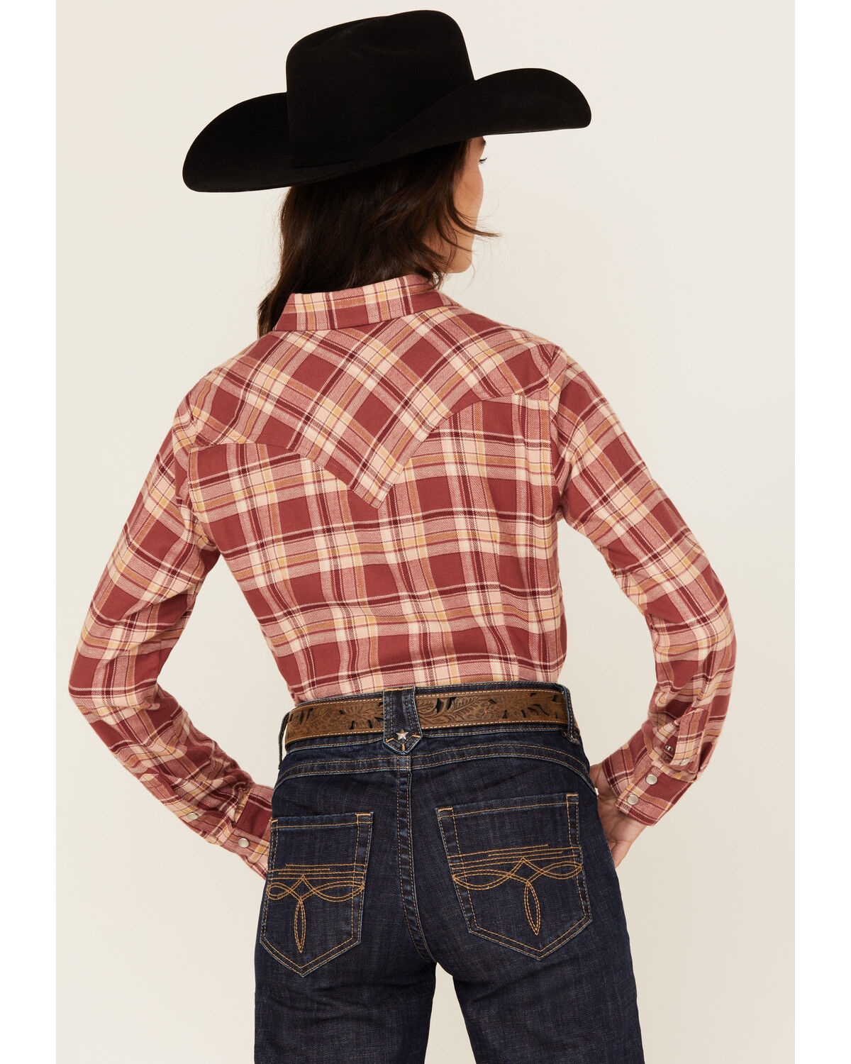 Image #4 - Wrangler Retro Women's Apple Butter Plaid Print Long Sleeve Pearl Snap Flannel Shirt, Rust Copper, hi-res