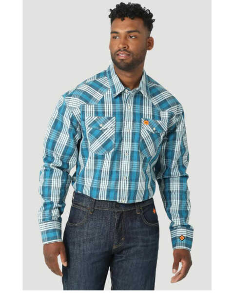 Wrangler Men's FR 20X Plaid Print Long Sleeve Snap Western Work Shirt, Aqua, hi-res