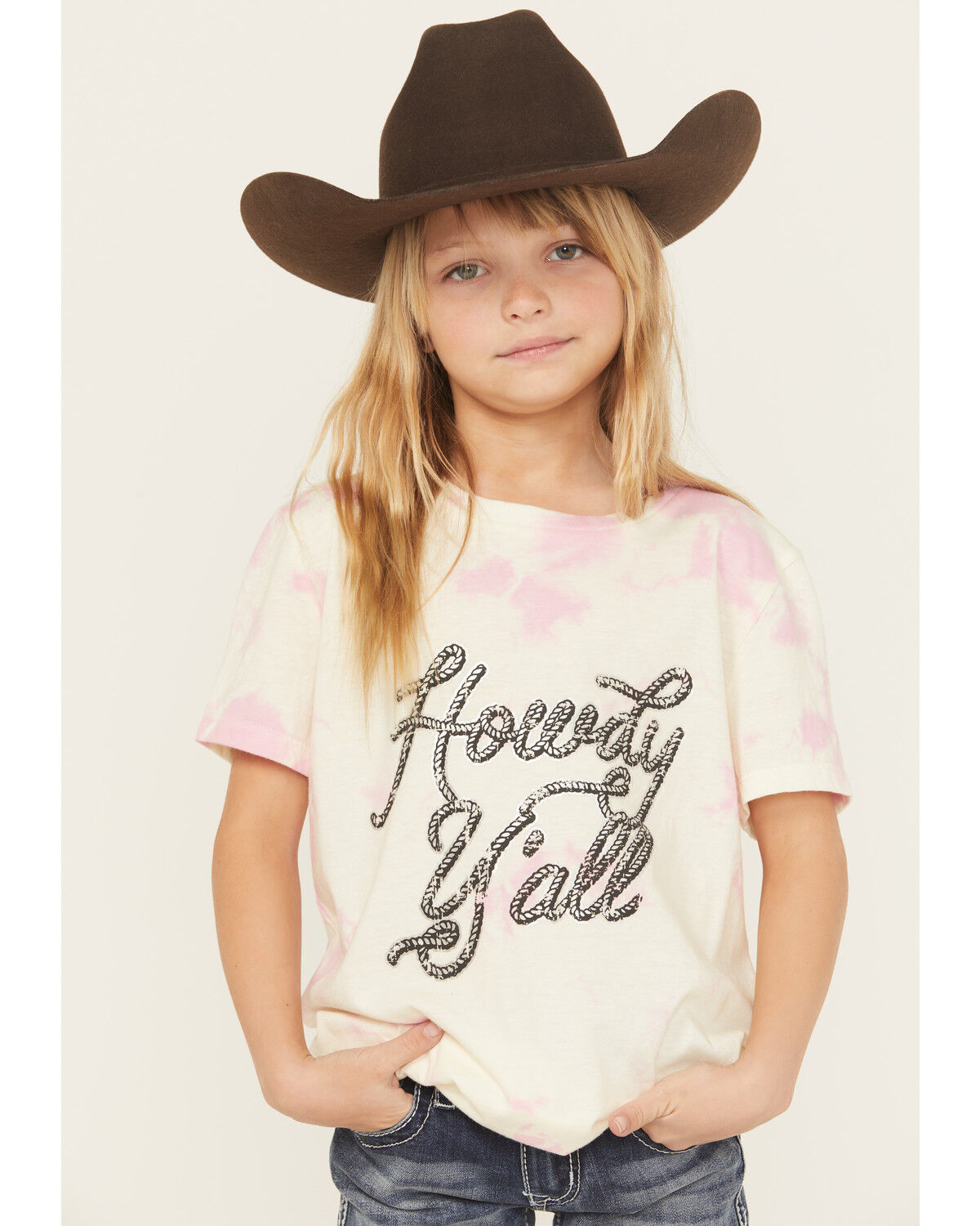 Image #1 - Rock & Roll Denim Girls' Howdy Y'all Short Sleeve Graphic Tee, Ivory, hi-res