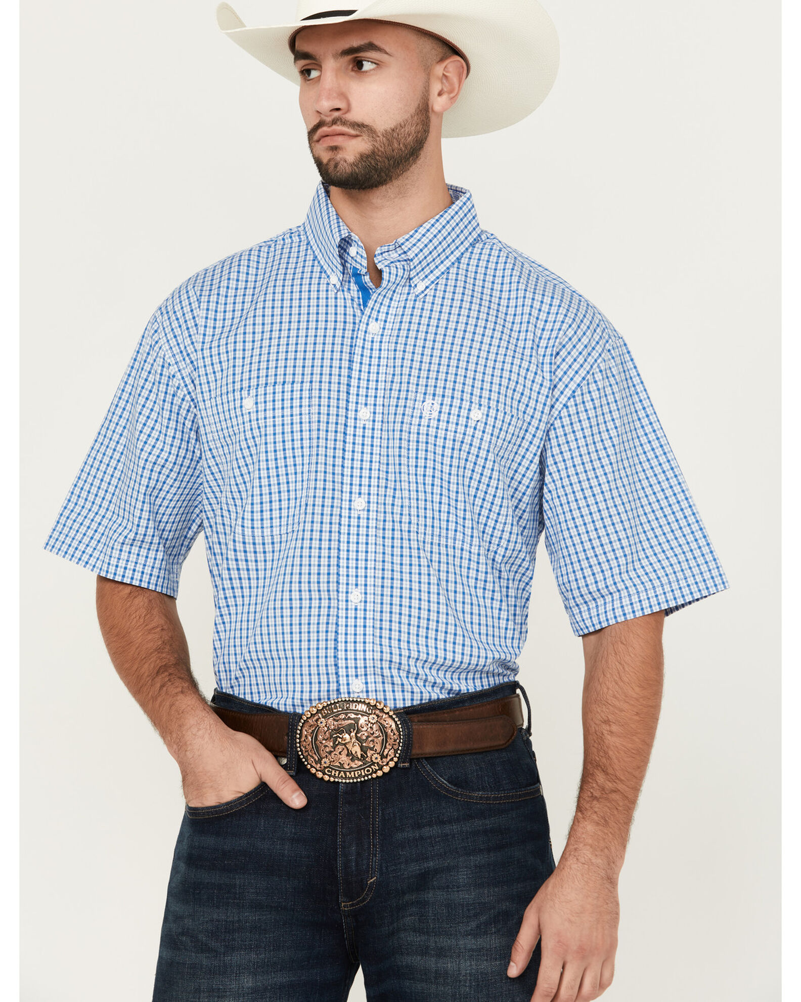 George Strait by Wrangler Men s Plaid Print Short Sleeve Button Down Stretch Western Shirt Country Outfitter