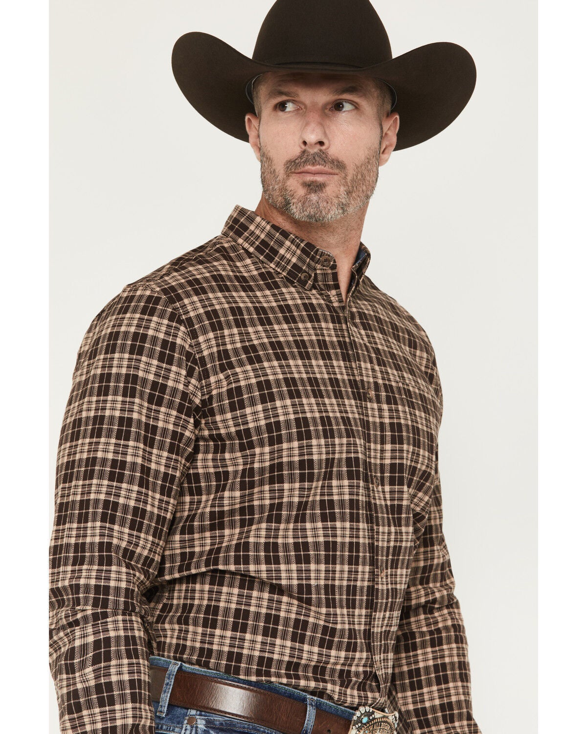 Image #2 - Cody James Men's Whiskey Ranch Plaid Print Long Sleeve Button-Down Stretch Western Shirt, Brown, hi-res