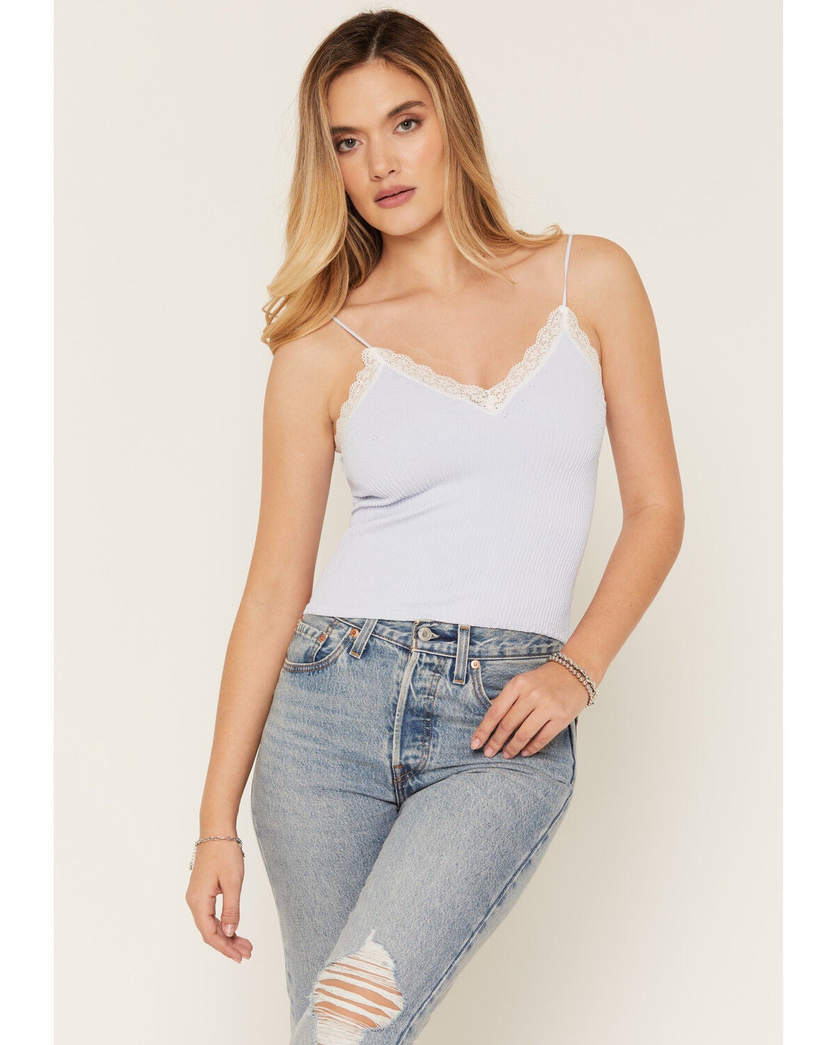 By Together Women's Lace Trim Sleeveless Tank Top, Blue, hi-res