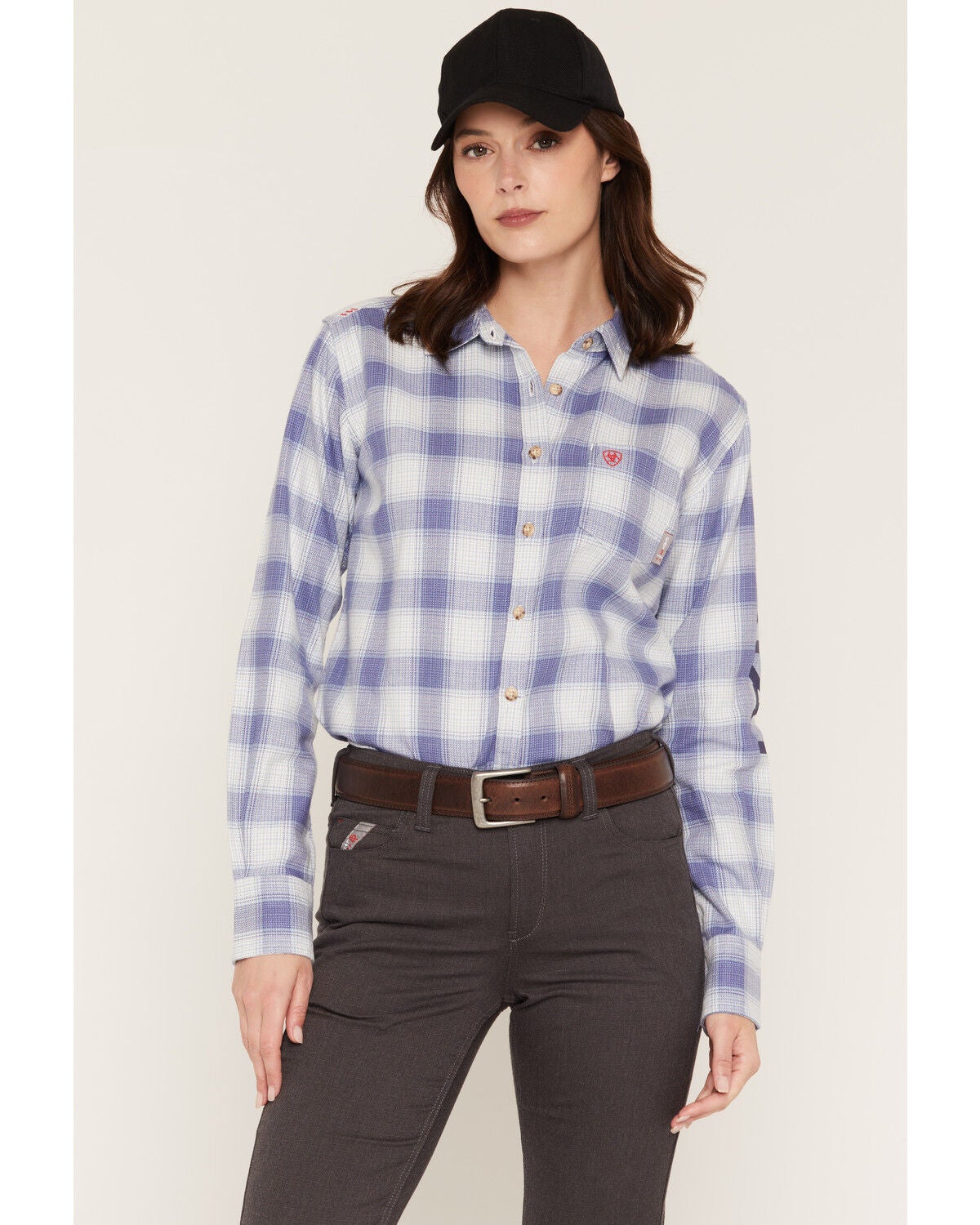 Ariat Women's FR Paige Logo Long Sleeve Button-Down Work Shirt, Blue, hi-res