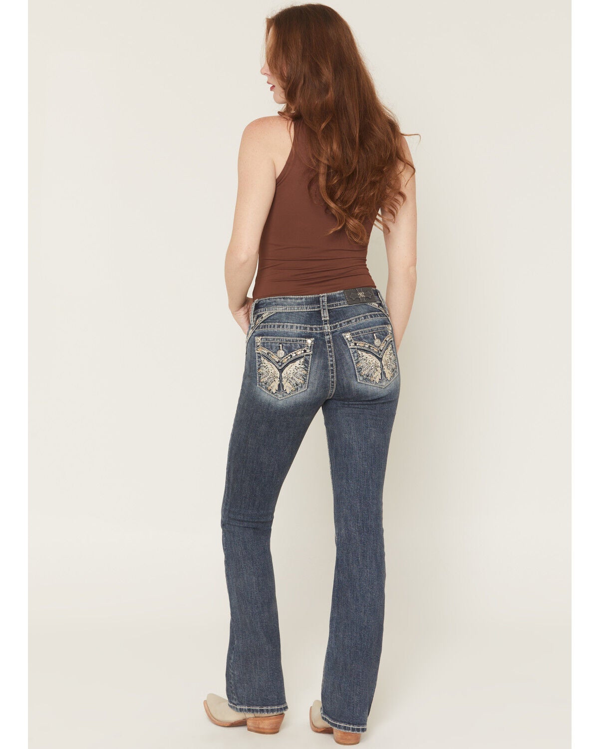 Miss Me Women's Medium Wash Mid Rise Wing Pocket 32" Bootcut Stretch Denim Jeans, Medium Wash, hi-res