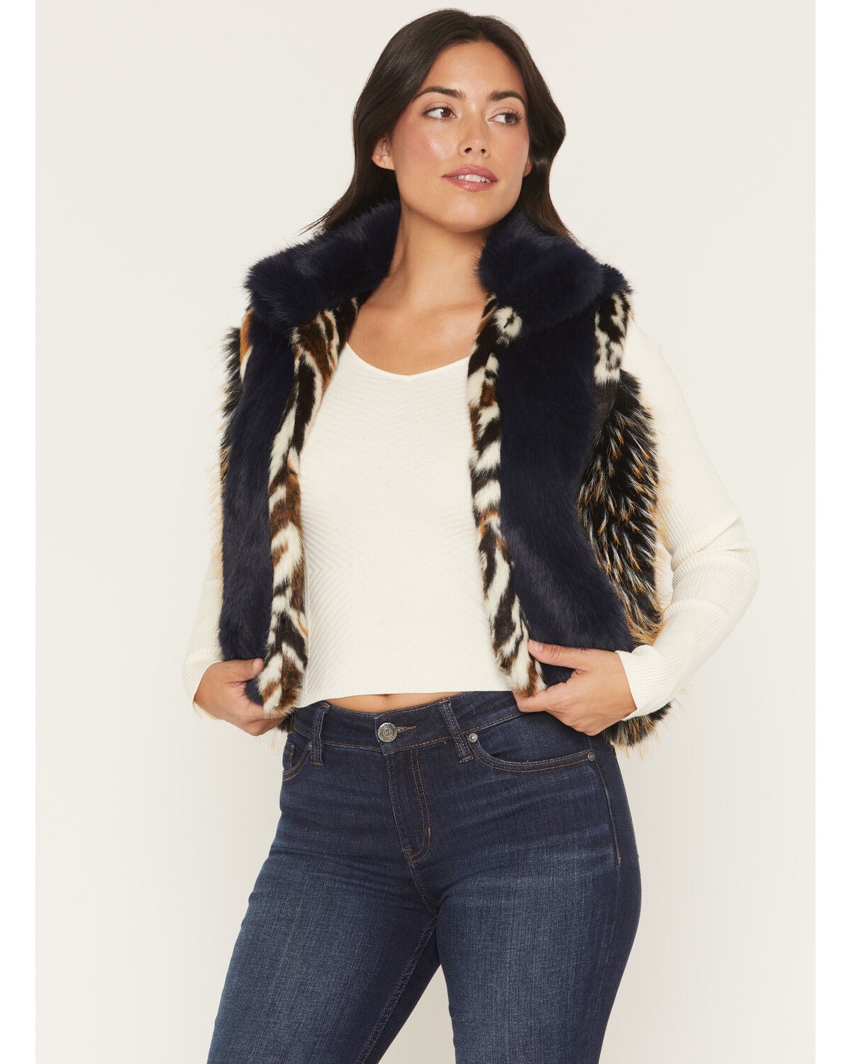 Image #1 - Azalea Wang Women's Boot Barn Exclusive Faux Fur Striped Vest, Navy, hi-res