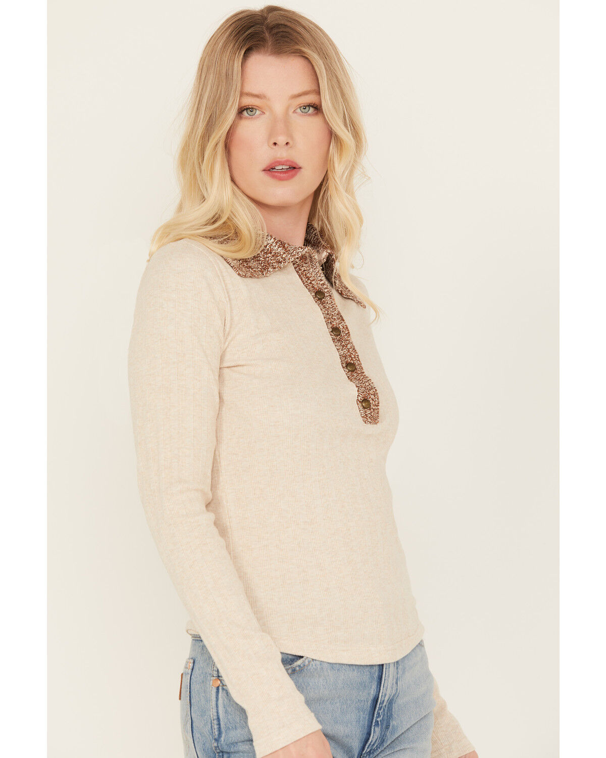 Image #2 - Shyanne Women's Crochet Collar Henley Shirt, Oatmeal, hi-res