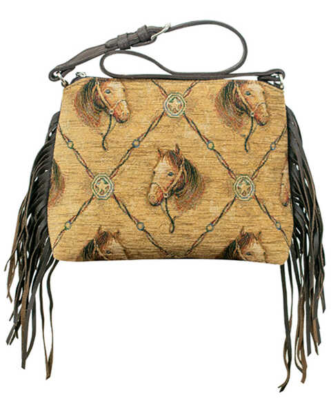 American West Women's Horse Tapestry Fringe Shoulder Bag, Tan, hi-res