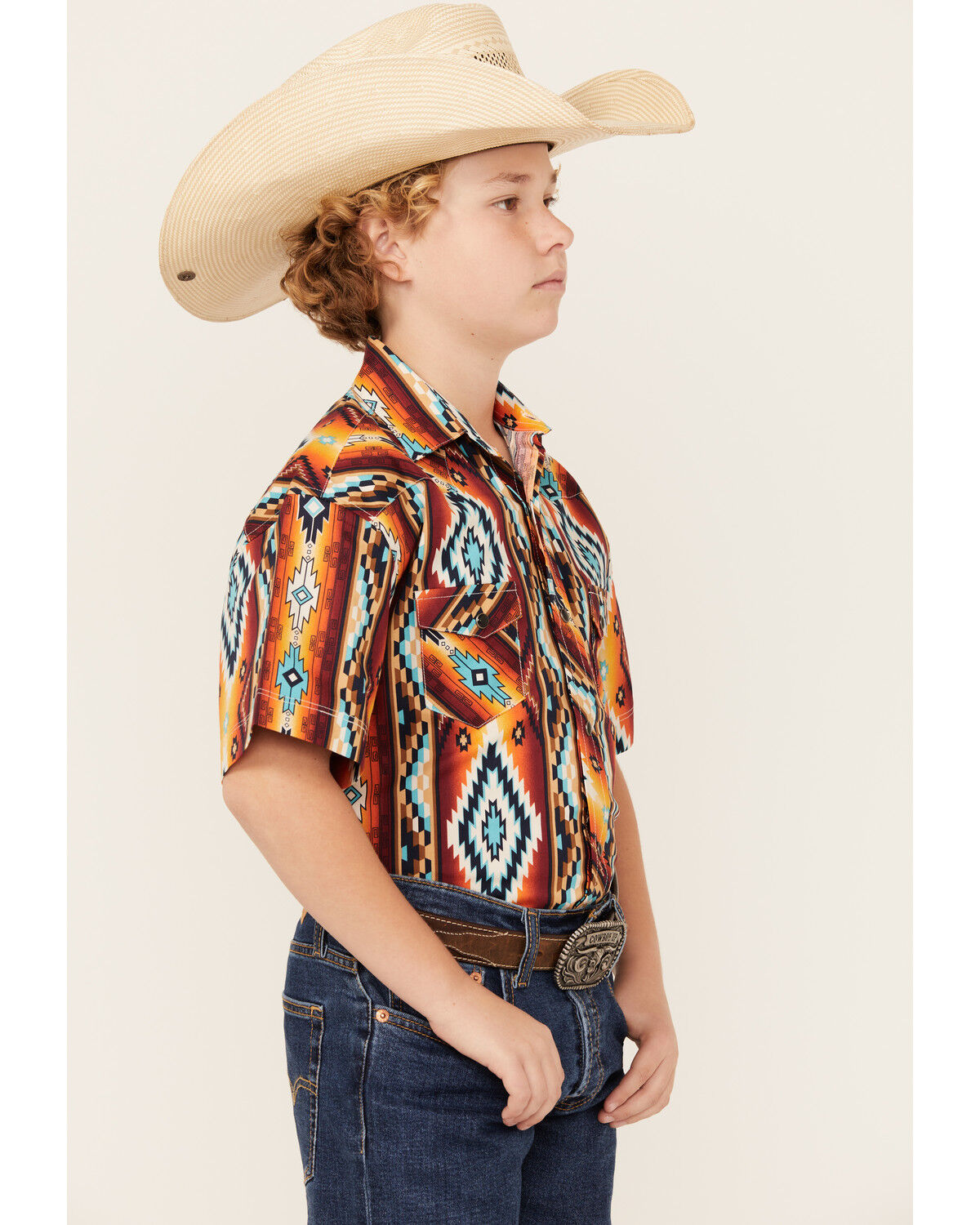 Image #2 - Rock & Roll Denim Boys' Southwestern Print Short Sleeve Snap Stretch Western Shirt, Red, hi-res
