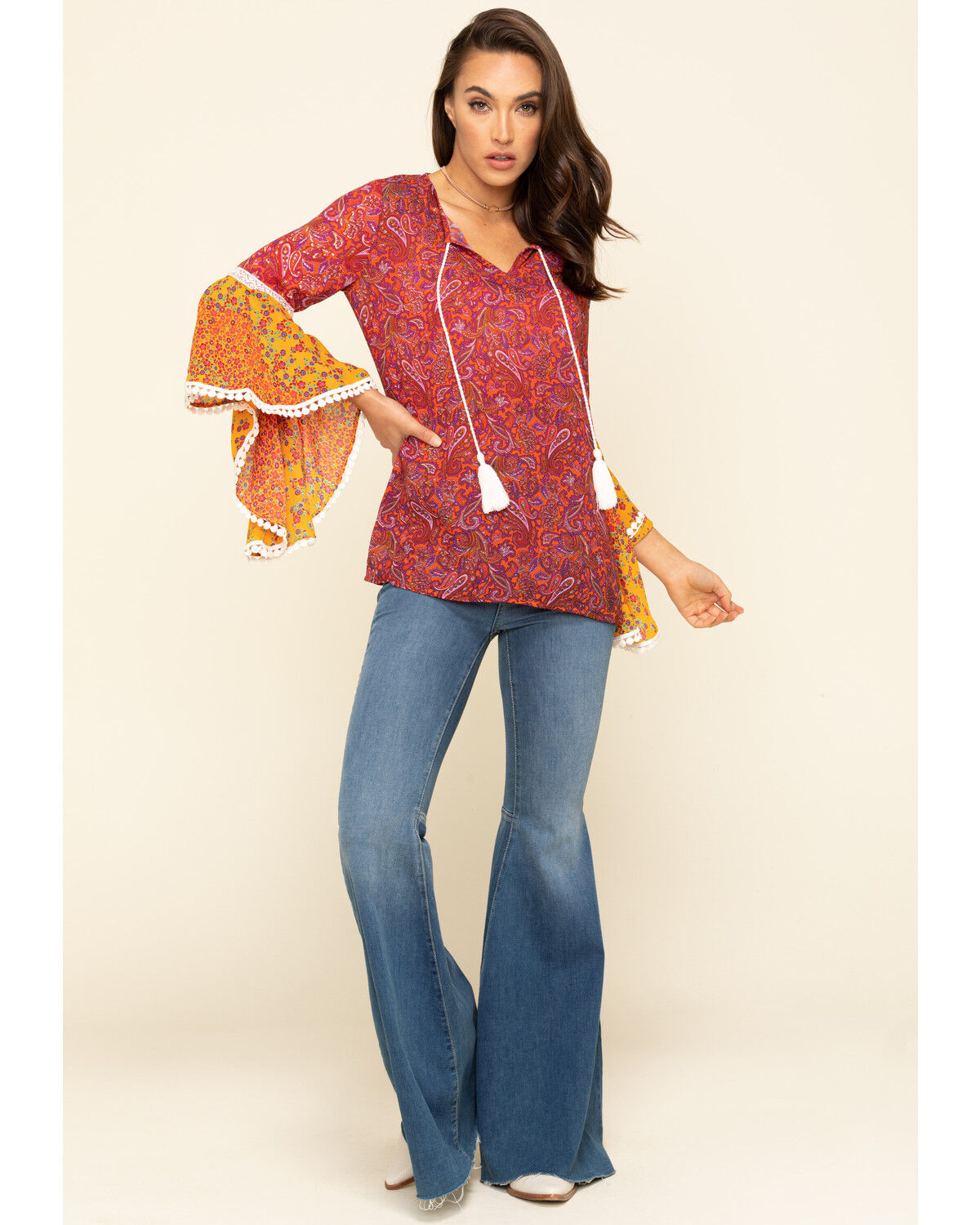 Image #6 - Red Label by Panhandle Women's Print Bell Sleeve Top, Dark Pink, hi-res
