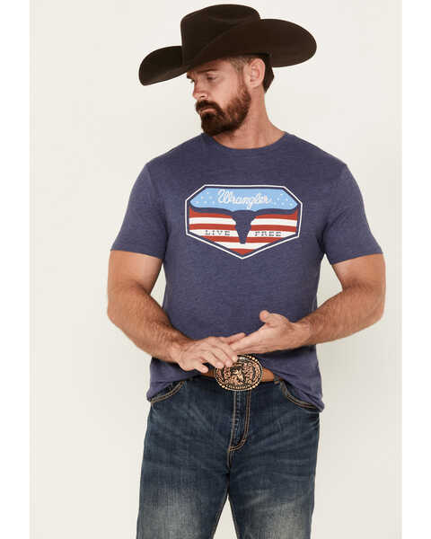 Image #1 - Wrangler Men's Boot Barn Exclusive Bull Skull American Short Sleeve Graphic T-Shirt, Blue, hi-res