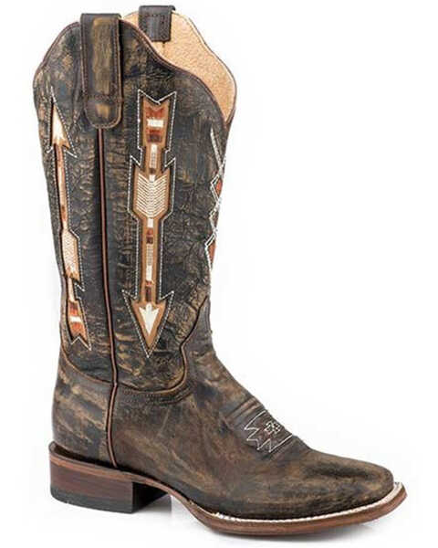 Roper Women's Arrows Inlay Extra Wide Calf Performance Western Boots - Square Toe, Brown, hi-res
