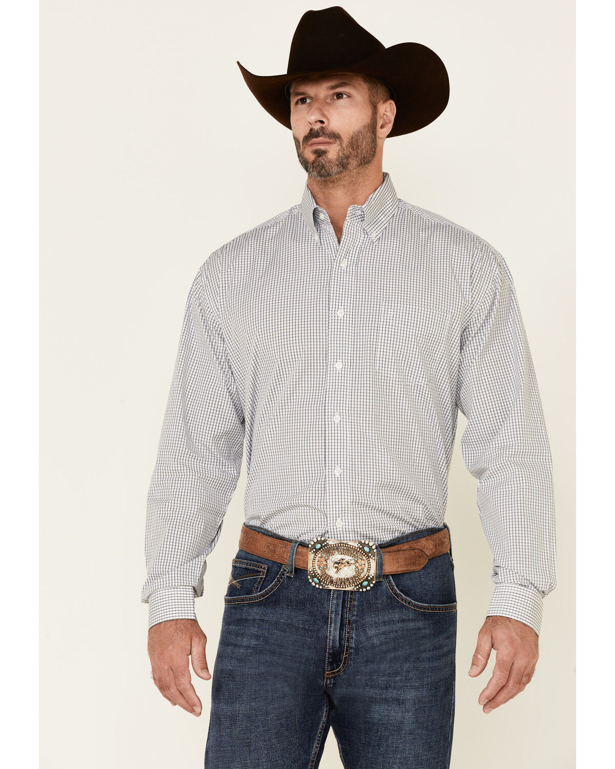 Image #1 - Stetson Men's Small Check Plaid Print Long Sleeve Button Down Western Shirt, Blue, hi-res