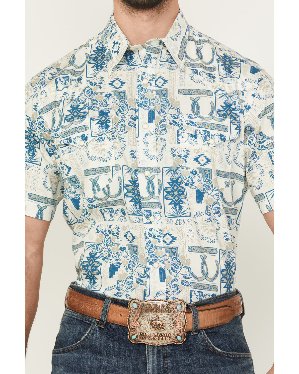 Image #3 - Roper Men's West Made Print Short Sleeve Snap Western Shirt, Cream, hi-res