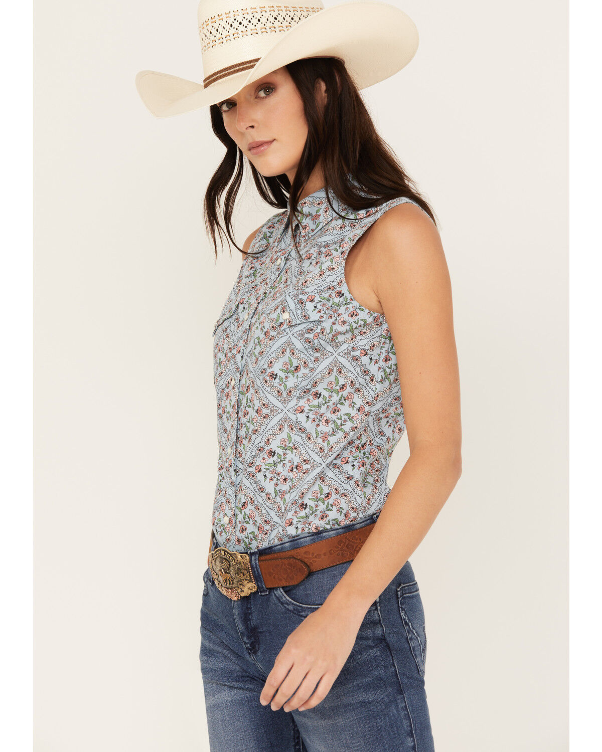 Image #2 - Wrangler Women's Floral Paisley Print Woven Sleeveless Snap Western Shirt, Blue, hi-res