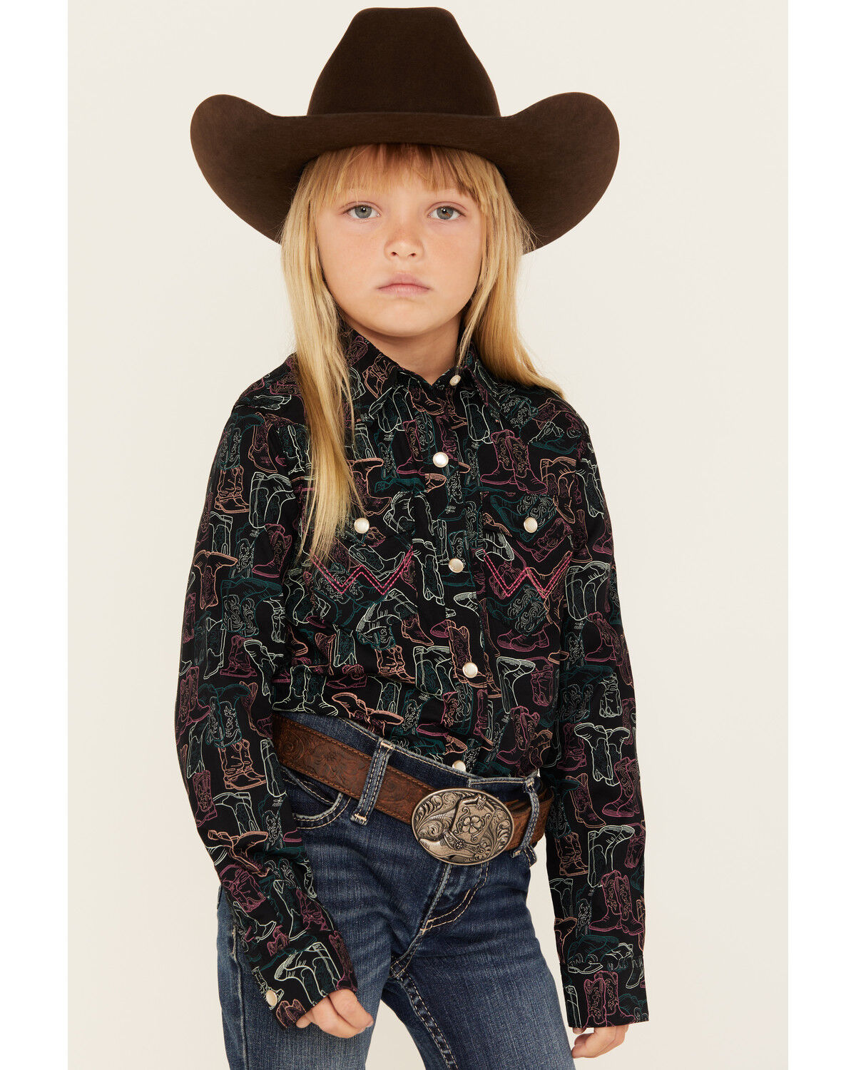 Image #1 - Wrangler Girls' Boot Print Long Sleeve Snap Western Shirt, Black, hi-res