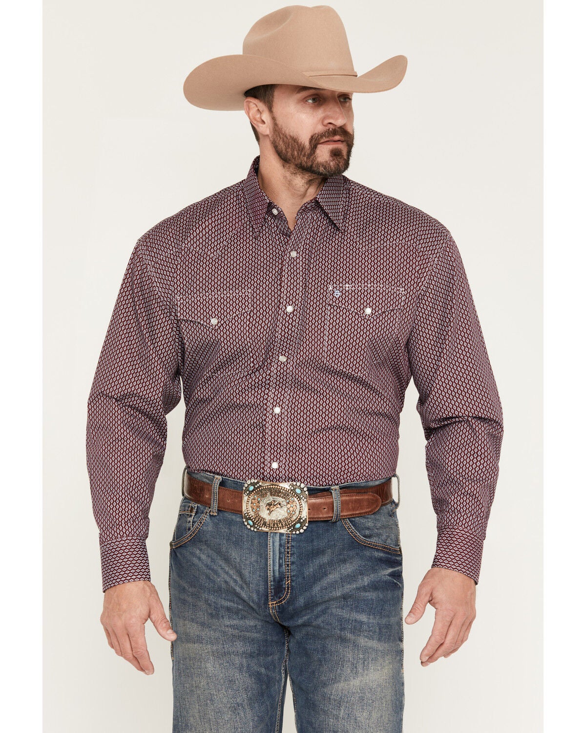 Image #1 - Stetson Men's Micro Geo Print Long Sleeve Snap Western Shirt, Wine, hi-res