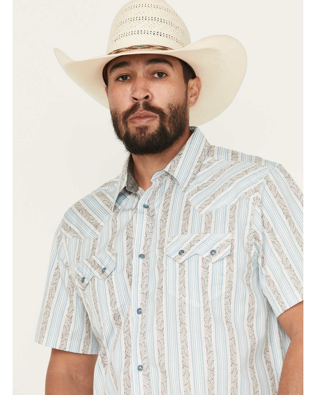 Image #2 - Moonshine Spirit Men's Hula Girl Floral Striped Print Short Sleeve Snap Western Shirt, White, hi-res