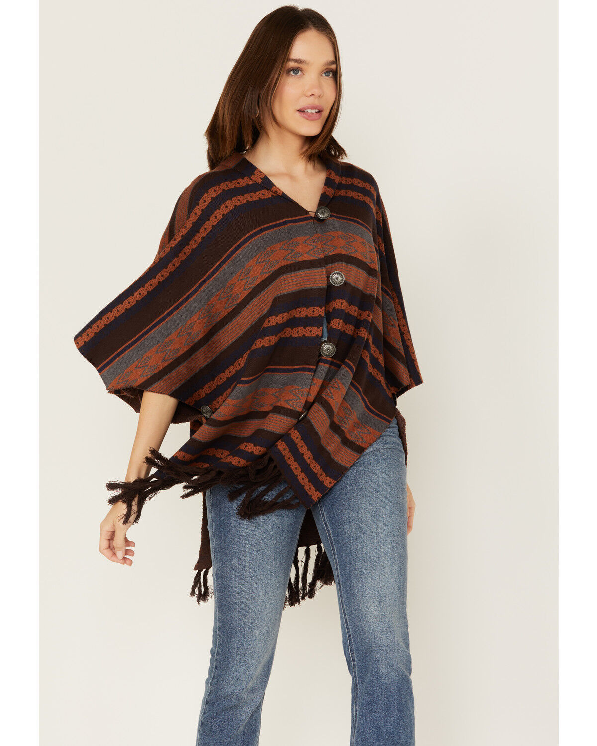 Image #1 - Cruel Girl Women's Southwestern Striped Print Poncho, Brown, hi-res