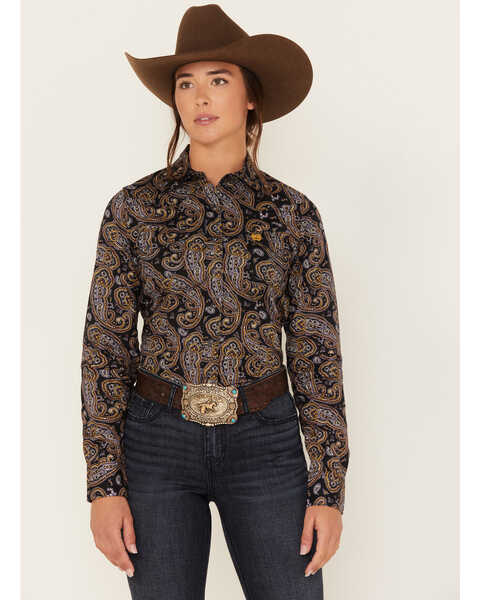 Cinch Women's Paisley Print Long Sleeve Snap Western Core Shirt, Black, hi-res