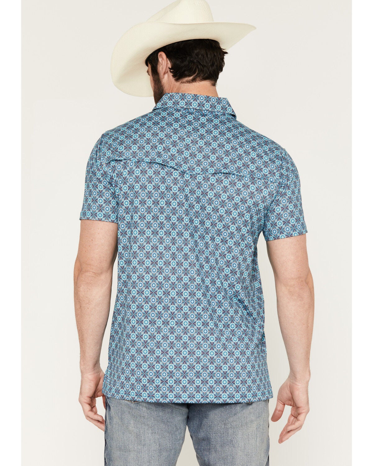 Image #4 - Rock & Roll Denim Men's Medallion Print Short Sleeve Pearl Snap Polo, Blue, hi-res