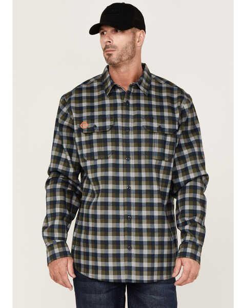 Hawx Men's FR Buffalo Plaid Print Long Sleeve Button-Down Work Shirt, Navy, hi-res