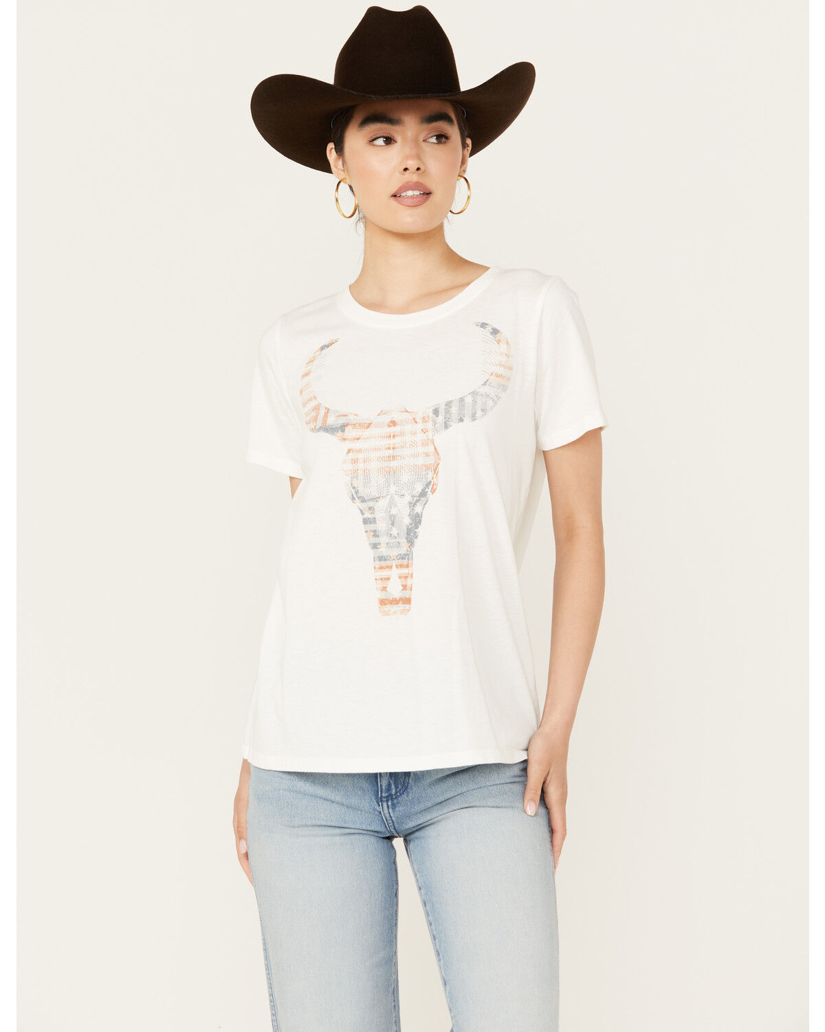Image #1 - Blended Women's American Flag Steer Head Graphic Tee, Ivory, hi-res