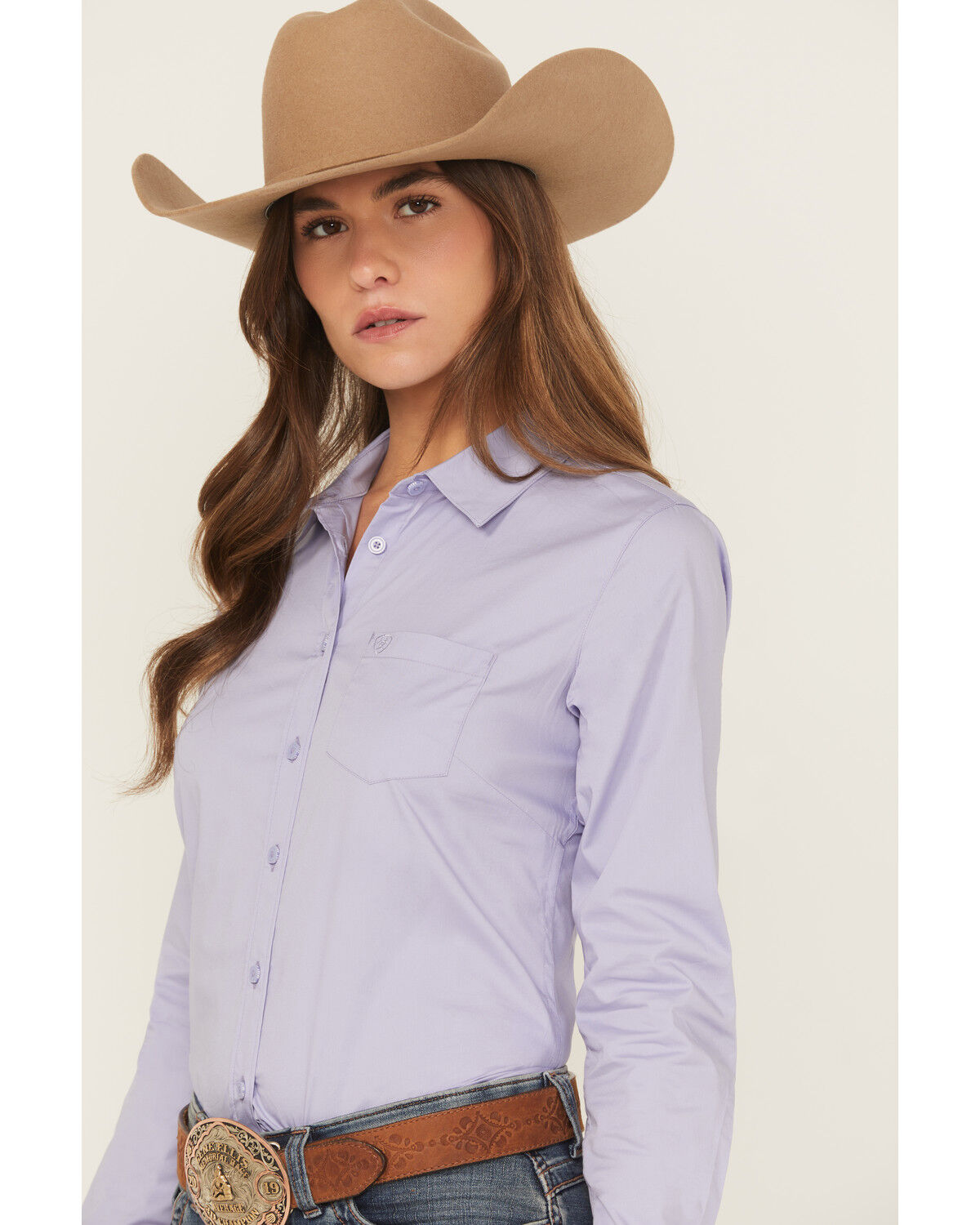 Image #2 - Ariat Women's Boot Barn Exclusive Solid Kirby Long Sleeve Button-Down Stretch Western Shirt, Lavender, hi-res