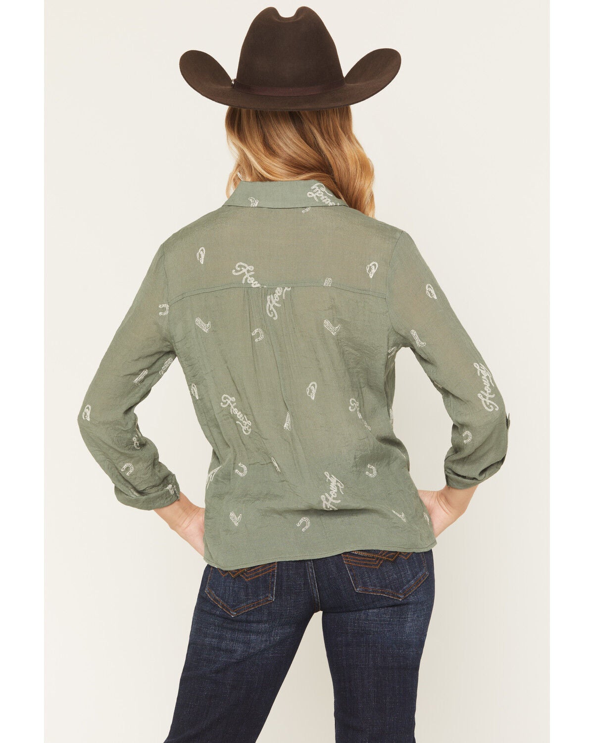 Image #4 - June & Hudson Women's Western Embroidered 3/4 Sleeve Button-Down Shirt, Olive, hi-res