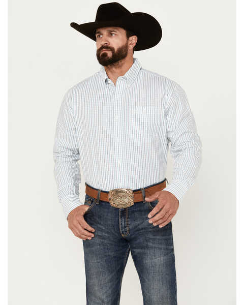 George Strait By Wrangler Men's Plaid Print Long Sleeve Button-Down Western Shirt, White, hi-res