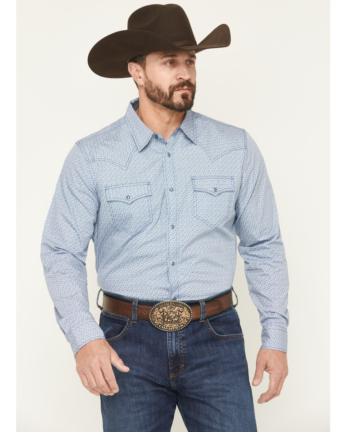 Image #1 - Cody James Men's Coastal Cowboy Micro Geo Print Long Sleeve Snap Western Shirt, Blue, hi-res