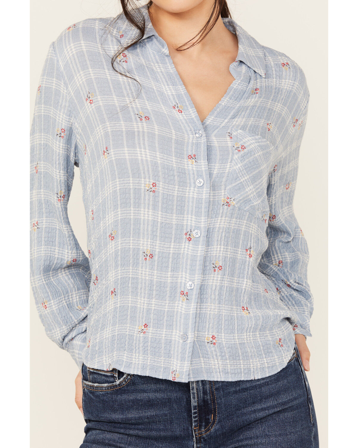 Image #3 - Beyond The Radar Women's Plaid Print Floral Long Sleeve Button-Down Shirt, Blue, hi-res