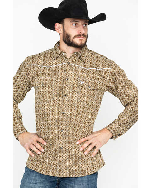 Image #5 - Cowboy Hardware Men's Double Diamond Print Long Sleeve Western Shirt , Tan, hi-res