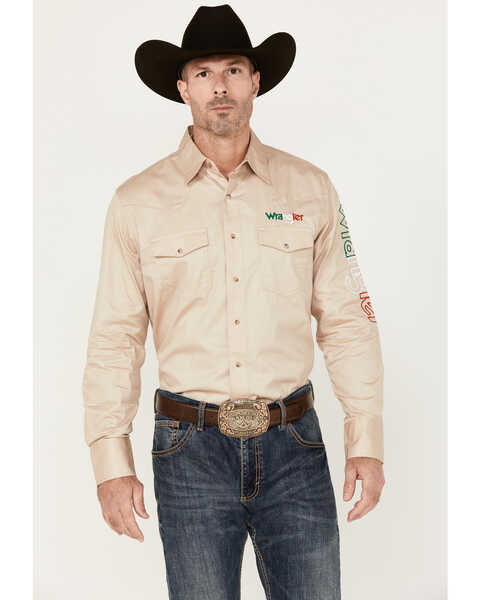 Wrangler Men's Logo Mexico Long Sleeve Snap Western Shirt, Tan, hi-res