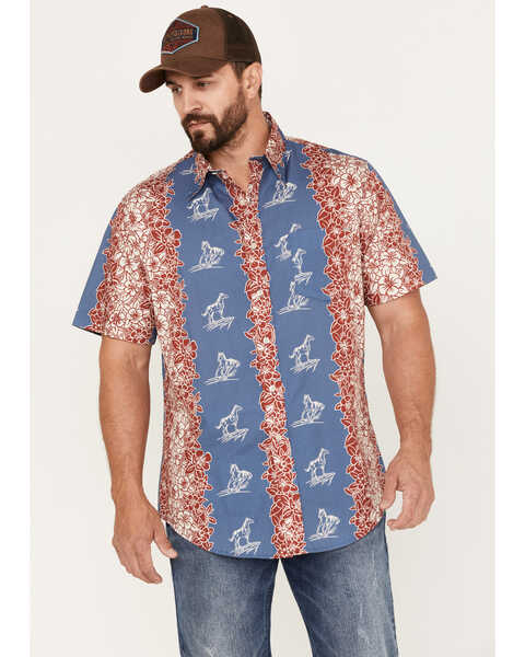 Image #1 - Tin Haul Men's Paniolo Tropical Horse Print Short Sleeve Western Shirt , Blue, hi-res