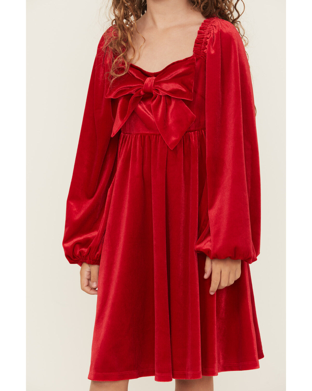 Image #3 - Trixxi Girls' Velvet Baby Down Bow Long Sleeve Dress, Red, hi-res