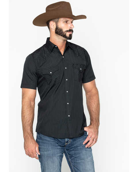 Ely Walker Men's Black Tone On Tone Stripe Short Sleeve Snap Western Shirt - Tall , Black, hi-res