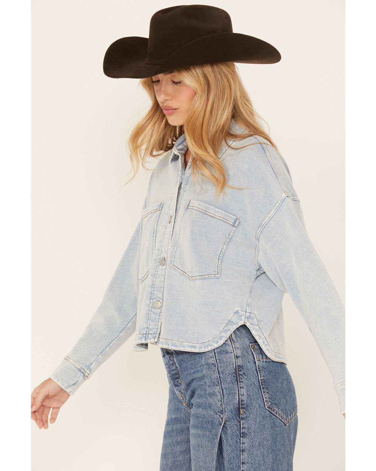 Image #2 - White Crow Women's Denim Knit Cropped Shacket, Light Blue, hi-res