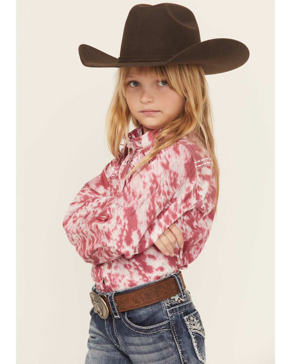 Image #2 - Cowgirl Hardware Girls' Cowhide Print Long Sleeve Snap Stretch Western Shirt, Pink, hi-res