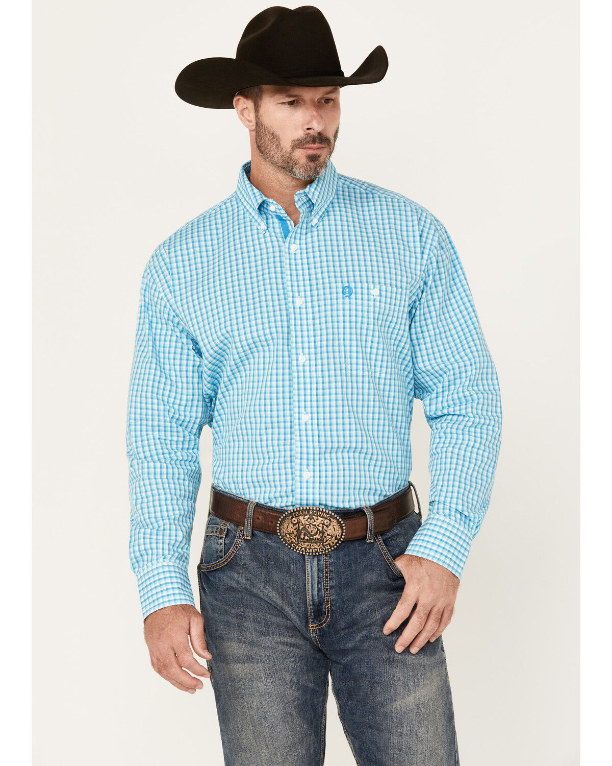 Image #1 - George Strait by Wrangler Men's Plaid Print Long Sleeve Button-Down Stretch Western Shirt, Turquoise, hi-res
