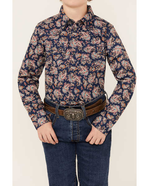Image #3 - Cody James Boys' Grand Finale Paisley Print Long Sleeve Snap Western Shirt, Navy, hi-res