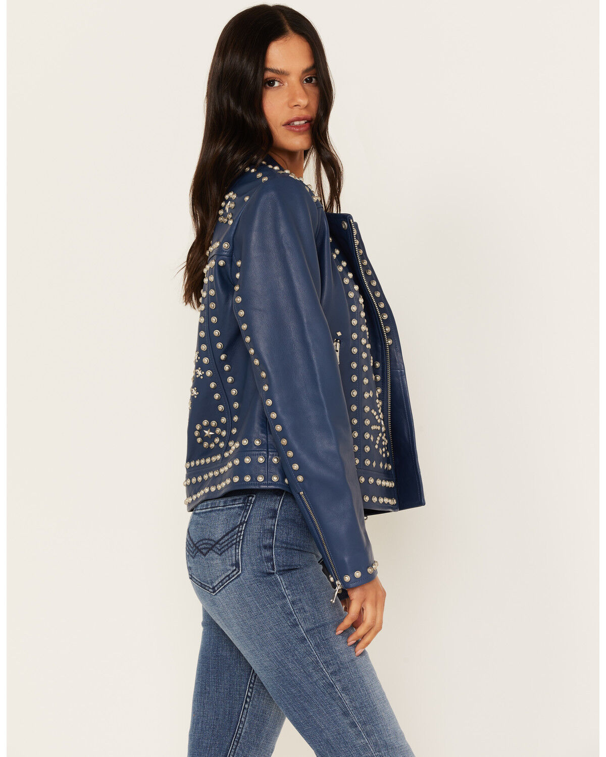 Image #2 - Idyllwind Women's Studded Moto Leather Jacket, Blue, hi-res