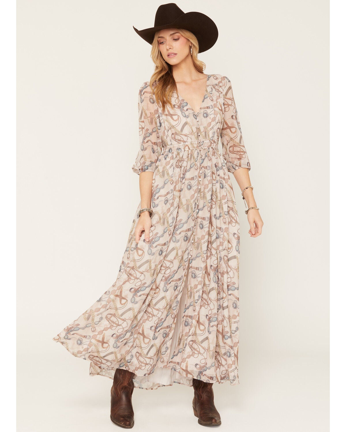 Shyanne Women's Pathfinder Printed Long Sleeve Button-Front Maxi Dress, Natural, hi-res