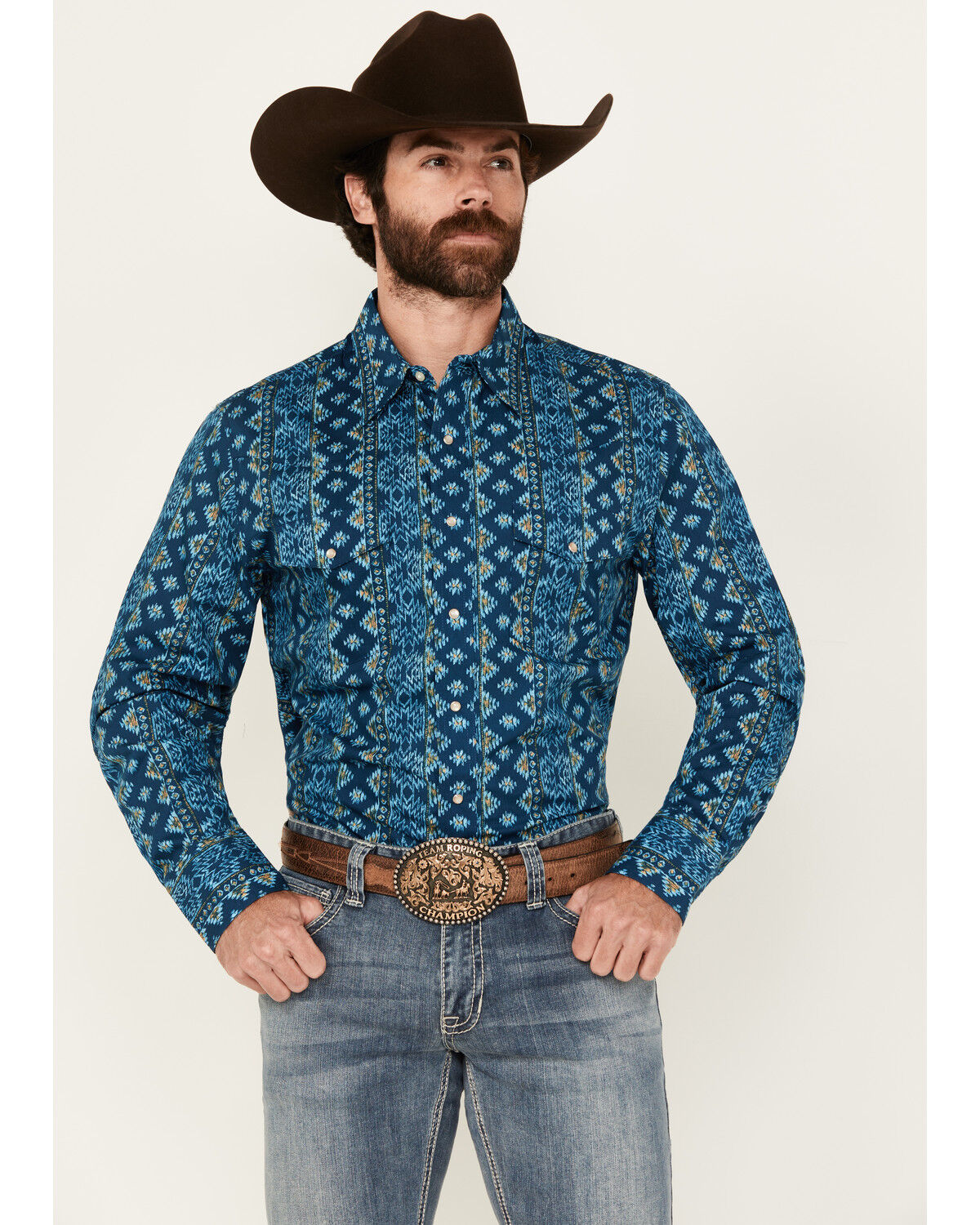 Image #1 - Wrangler Men's Checotah Southwestern Striped Long Sleeve Pearl Snap Western Shirt, Blue, hi-res
